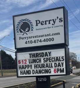 A photo of the sign outside of Perry's Restaurant in Odenton Md